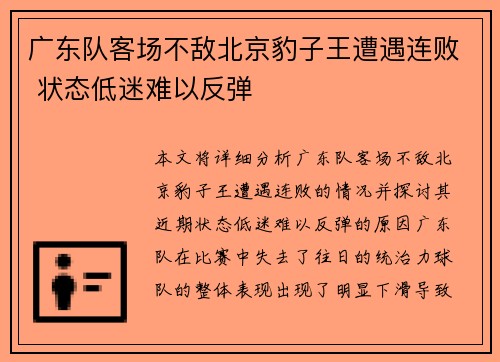 广东队客场不敌北京豹子王遭遇连败 状态低迷难以反弹