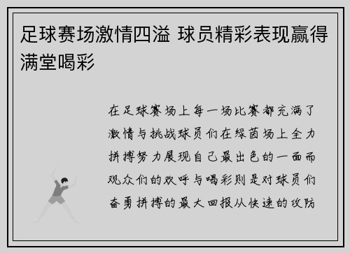 足球赛场激情四溢 球员精彩表现赢得满堂喝彩