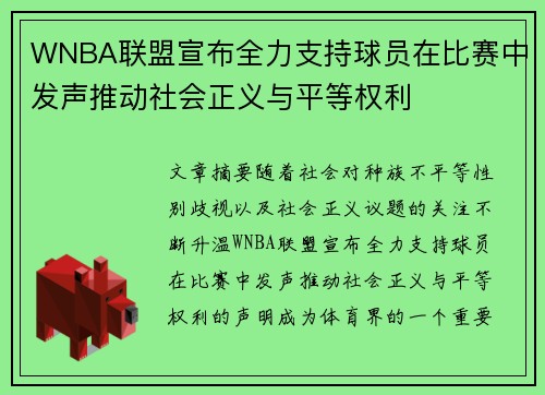 WNBA联盟宣布全力支持球员在比赛中发声推动社会正义与平等权利
