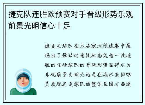 捷克队连胜欧预赛对手晋级形势乐观前景光明信心十足