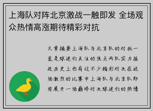 上海队对阵北京激战一触即发 全场观众热情高涨期待精彩对抗