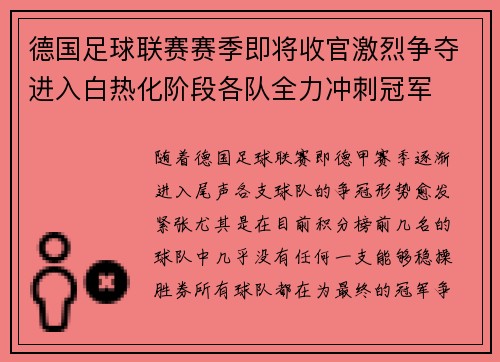 德国足球联赛赛季即将收官激烈争夺进入白热化阶段各队全力冲刺冠军