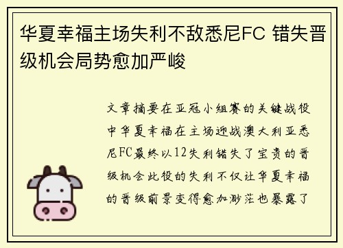 华夏幸福主场失利不敌悉尼FC 错失晋级机会局势愈加严峻