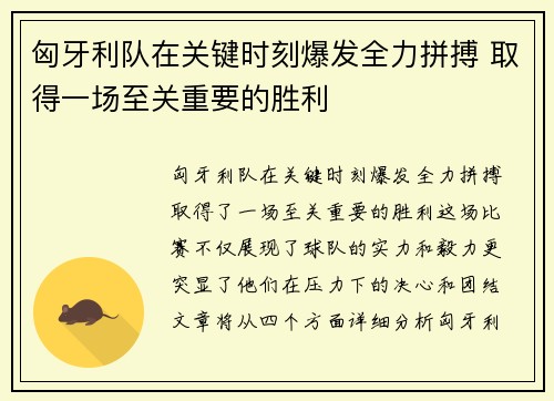 匈牙利队在关键时刻爆发全力拼搏 取得一场至关重要的胜利