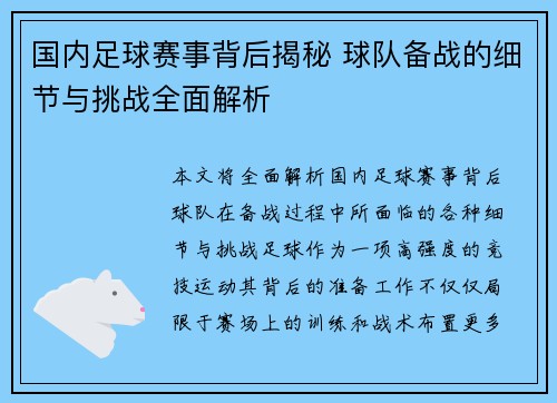 国内足球赛事背后揭秘 球队备战的细节与挑战全面解析