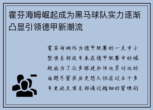 霍芬海姆崛起成为黑马球队实力逐渐凸显引领德甲新潮流