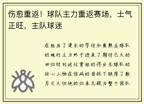 伤愈重返！球队主力重返赛场，士气正旺，主队球迷