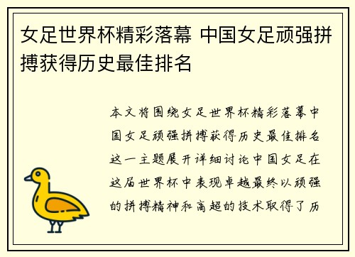 女足世界杯精彩落幕 中国女足顽强拼搏获得历史最佳排名