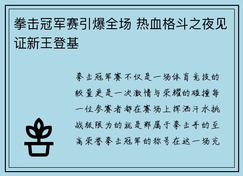 拳击冠军赛引爆全场 热血格斗之夜见证新王登基