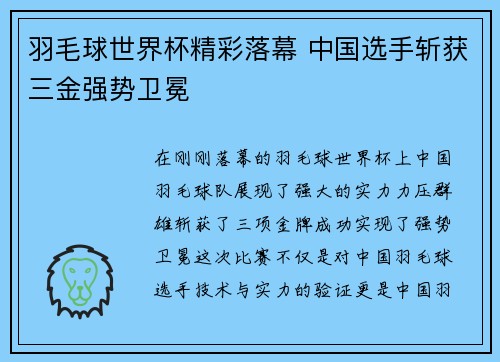 羽毛球世界杯精彩落幕 中国选手斩获三金强势卫冕