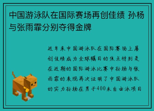 中国游泳队在国际赛场再创佳绩 孙杨与张雨霏分别夺得金牌
